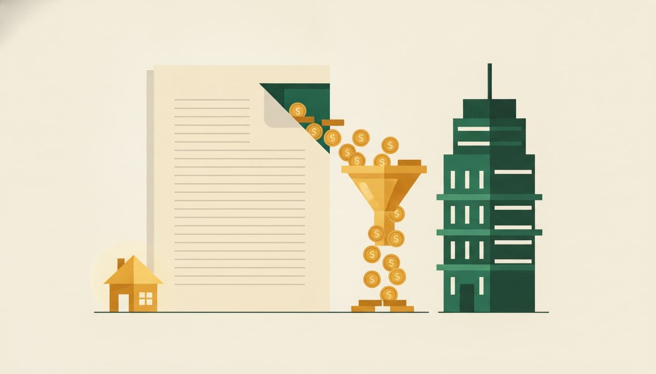 Illustration of an invoice with a hidden slice removed, coins draining away from a small house toward a distant tower