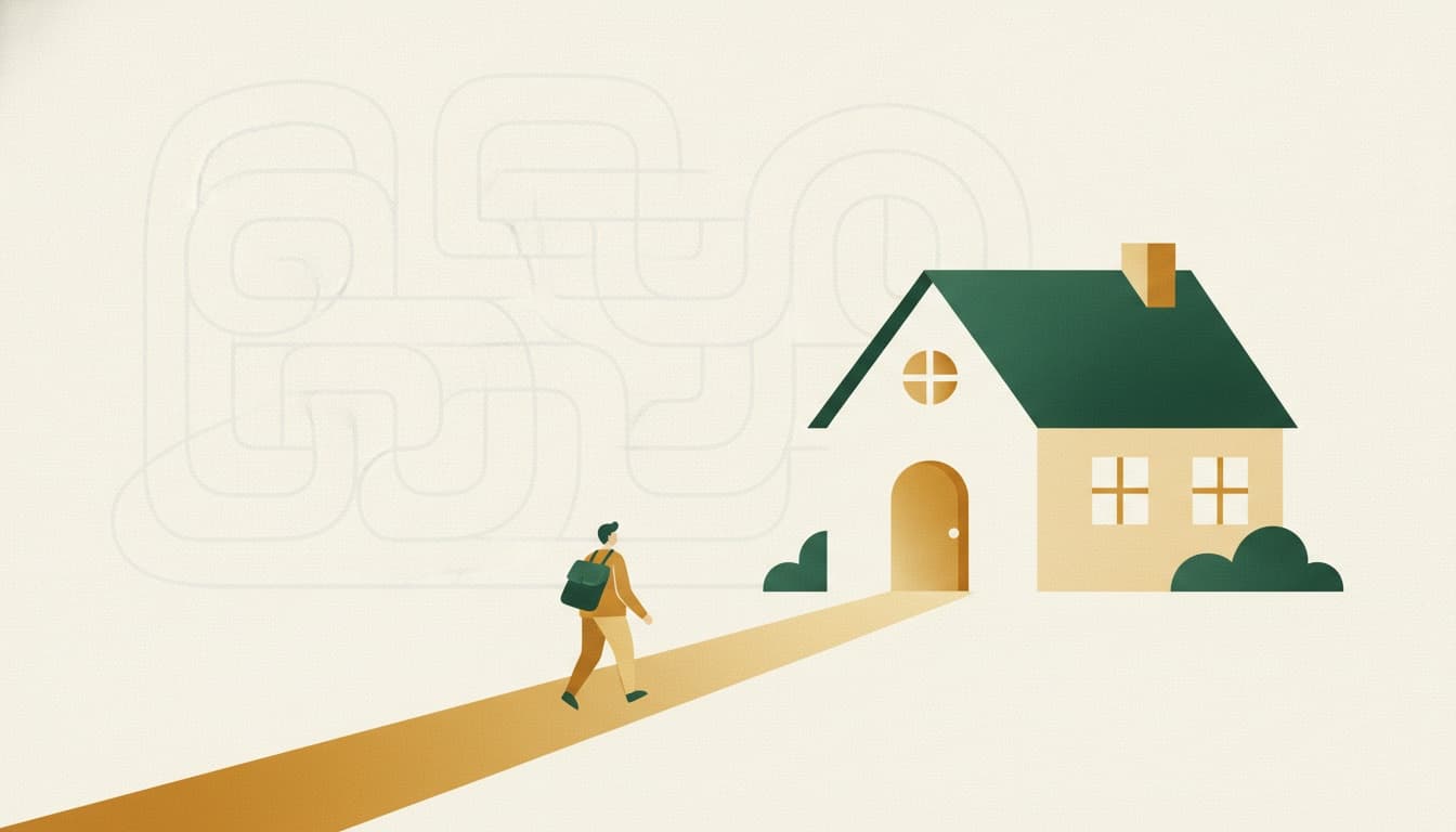 Illustration of a traveler walking a direct golden path to a cottage door while a maze route fades behind