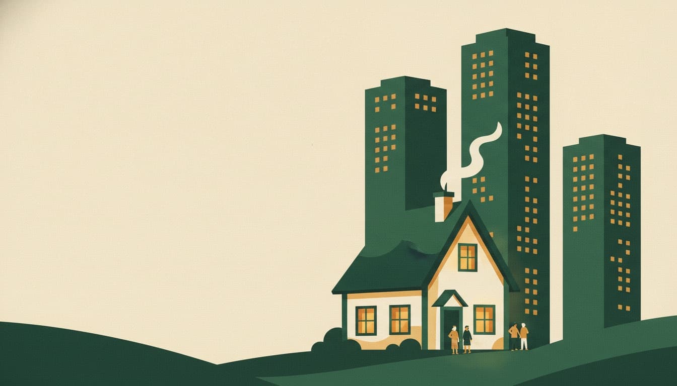 Illustration of a small glowing cottage standing in front of large dark office towers