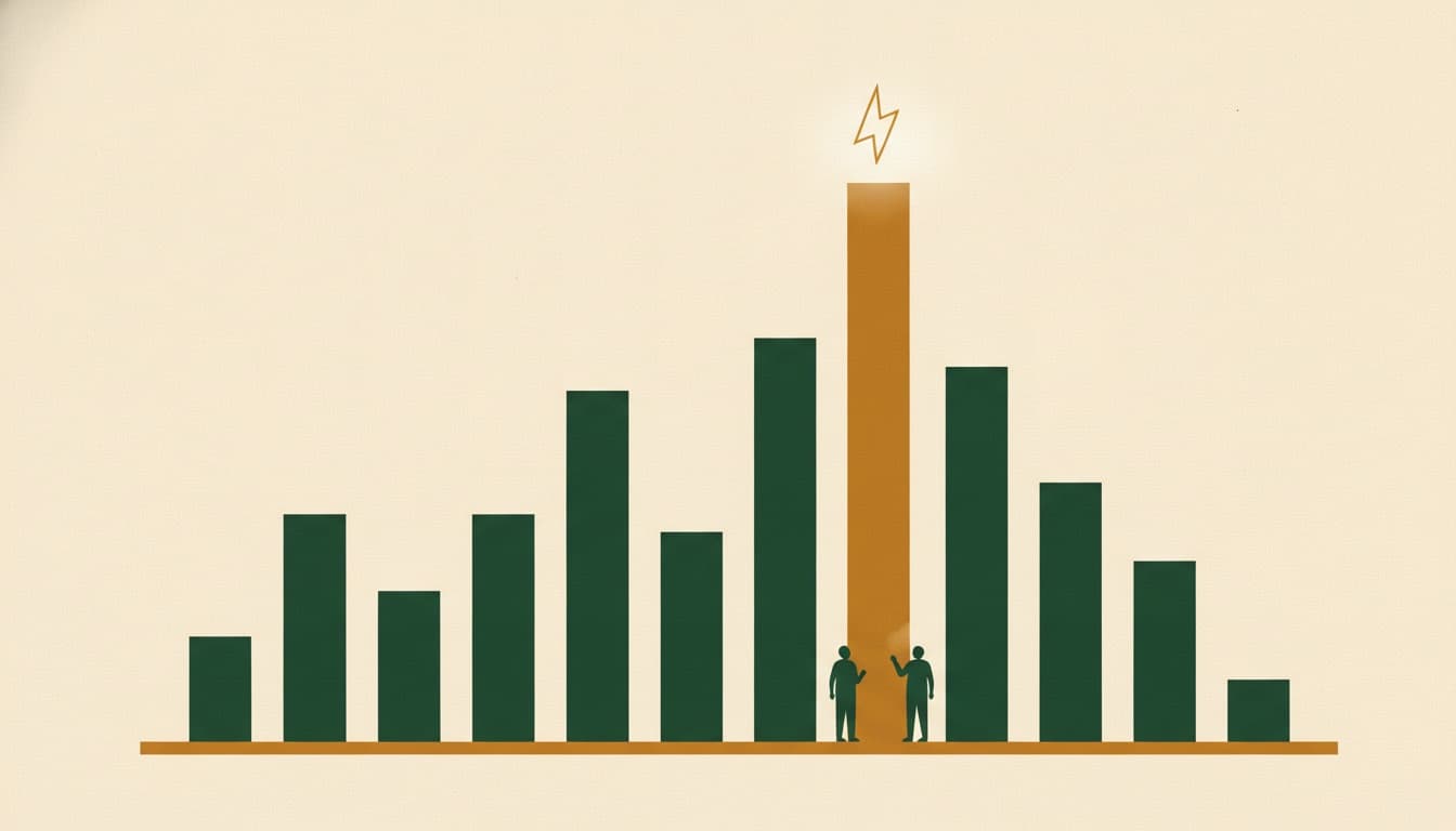Illustration of an abstract bar chart with one amber bar towering over the rest