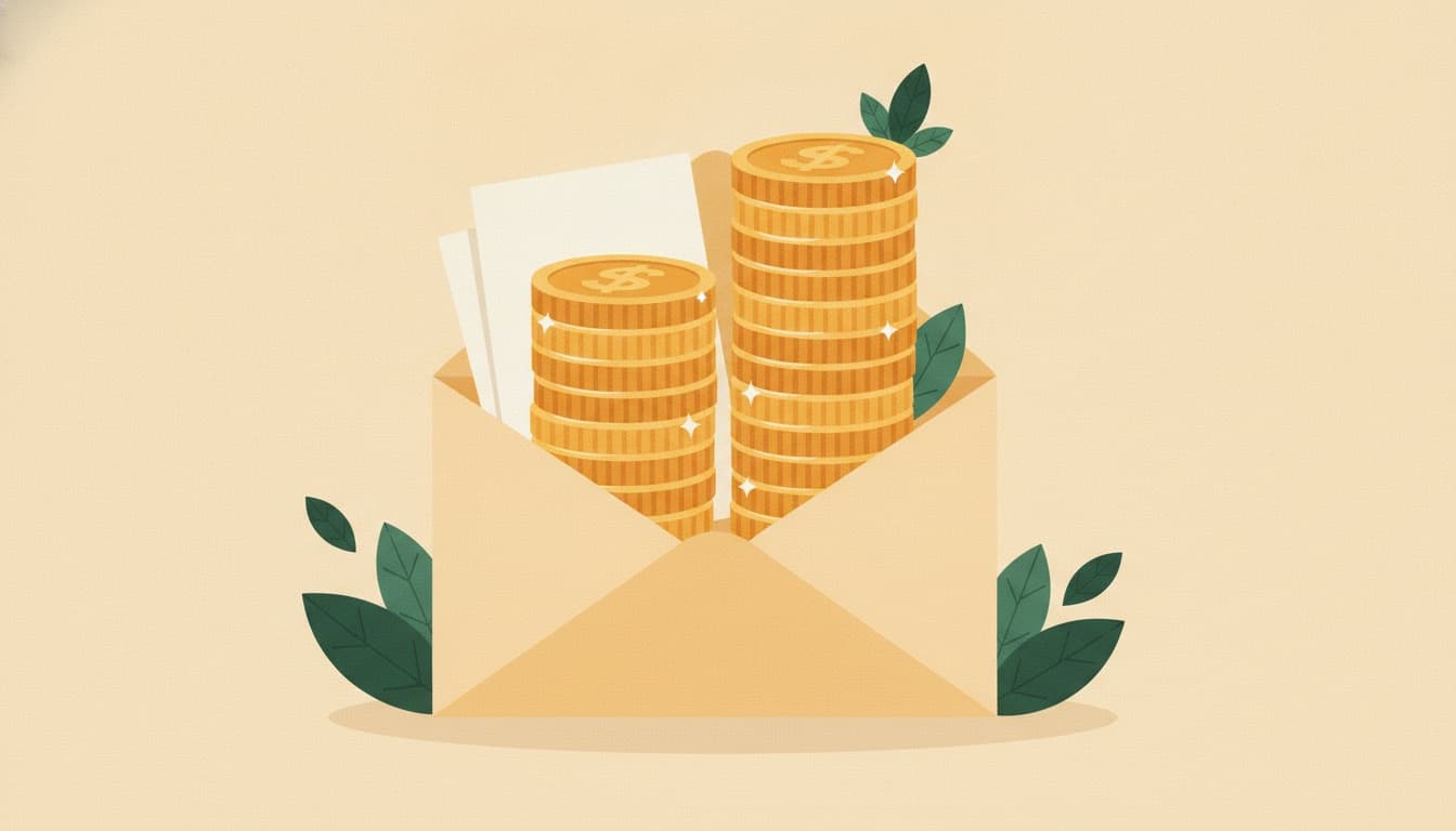 Illustration of gold coins stacking out of an open envelope
