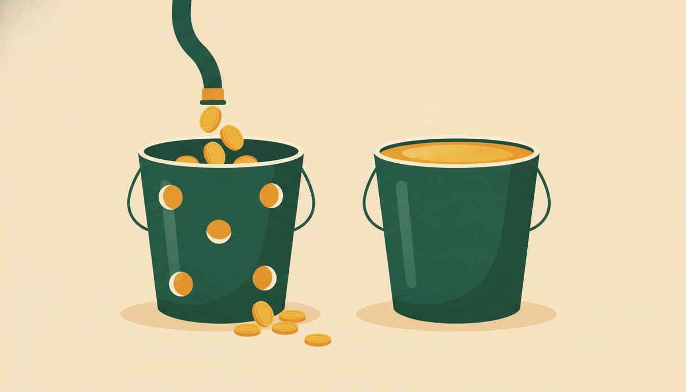 Illustration of two buckets: one leaking coins while being refilled, one sealed and full