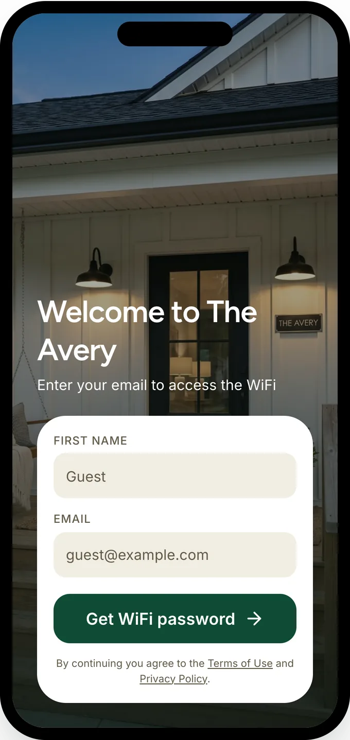 The email collection page guests see after scanning the QR code